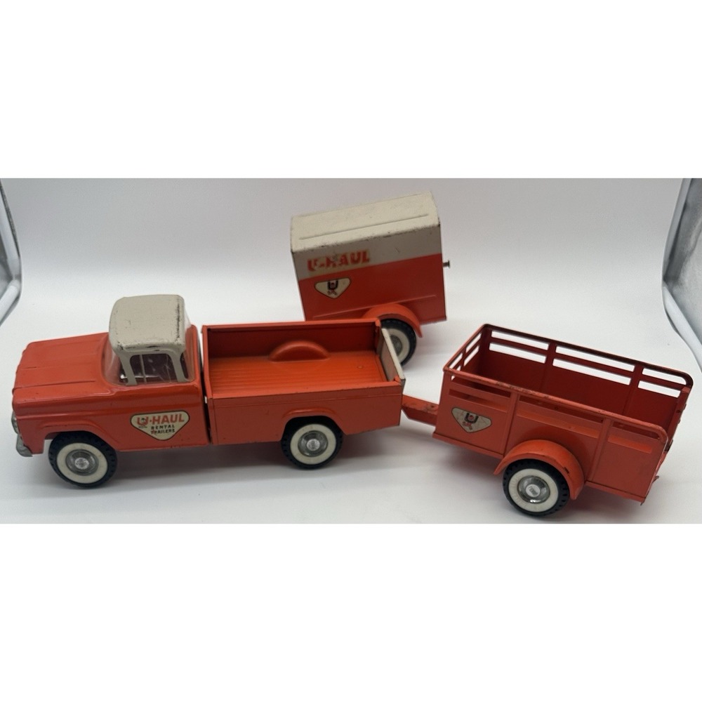 VINTAGE 1965 NYLINT U-HAUL FORD PICKUP TRUCK & 2 TRAILER SET PRESSED STEEL